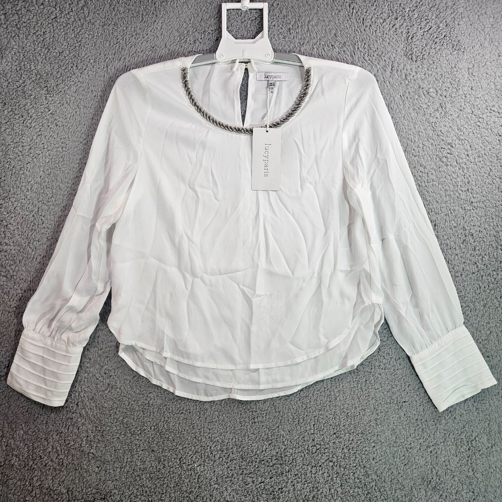 NWT Lucy Paris Top Blouse Women Small Bead Embellished Neck Sheer Lined -S- NEW